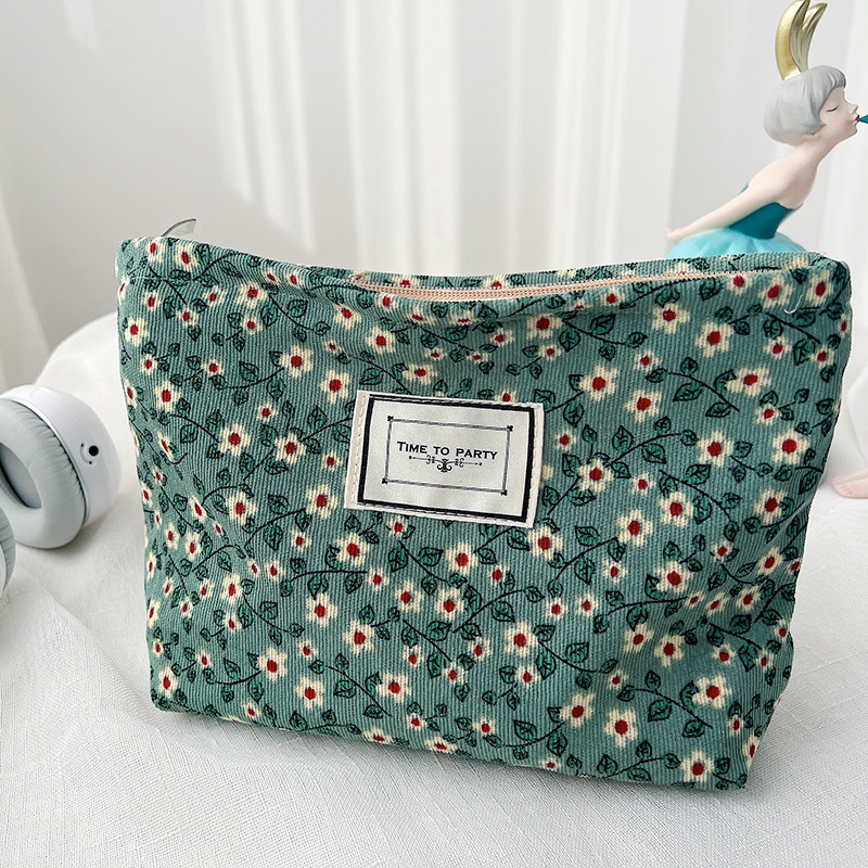 Corduroy Makeup Bag Organizer Clutch Retro Flower Print Cosmetic Bag Wash Women Travel Make Up Pouch Beauty Toilet Storage Cases
