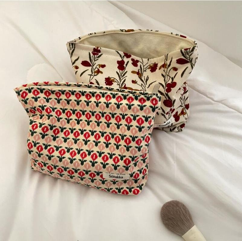 Corduroy Makeup Bag Organizer Clutch Retro Flower Print Cosmetic Bag Wash Women Travel Make Up Pouch Beauty Toilet Storage Cases