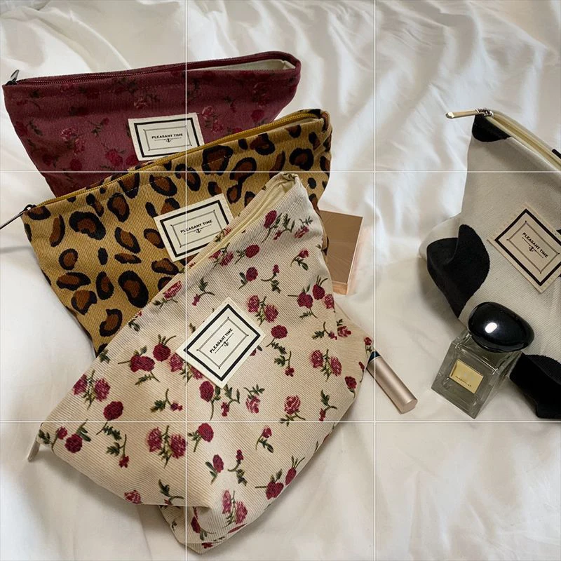 Corduroy Makeup Bag Organizer Clutch Retro Flower Print Cosmetic Bag Wash Women Travel Make Up Pouch Beauty Toilet Storage Cases
