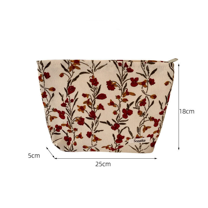 Corduroy Makeup Bag Organizer Clutch Retro Flower Print Cosmetic Bag Wash Women Travel Make Up Pouch Beauty Toilet Storage Cases