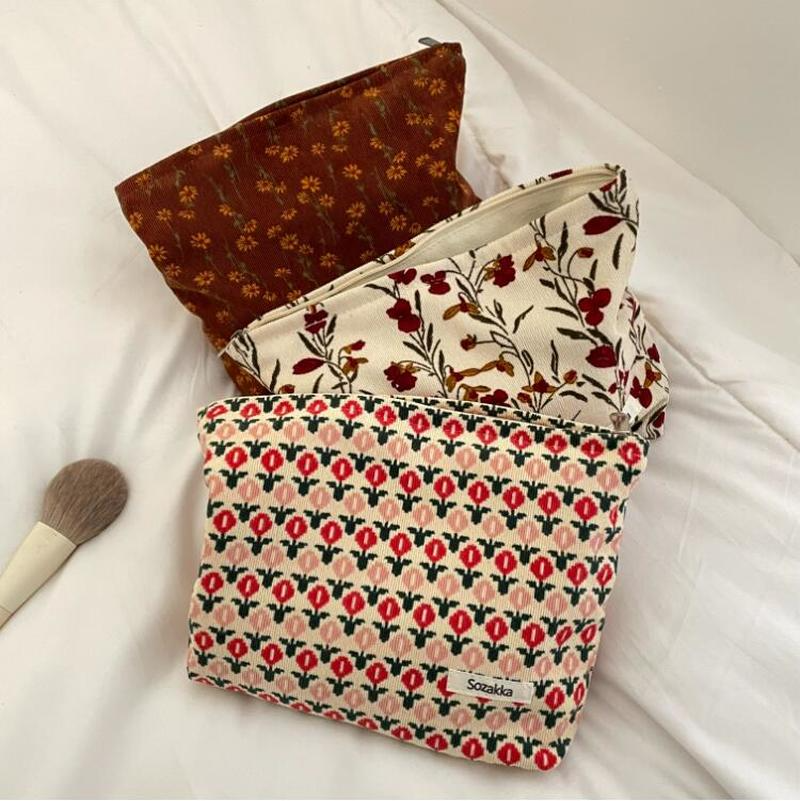 Corduroy Makeup Bag Organizer Clutch Retro Flower Print Cosmetic Bag Wash Women Travel Make Up Pouch Beauty Toilet Storage Cases