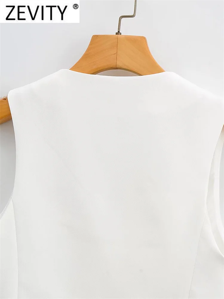 Zevity Women Fashion V Neck Single Breasted Short Vest Office Lady Sleeveless Chic White Suit Business Slim Waistcoat Tops CT556