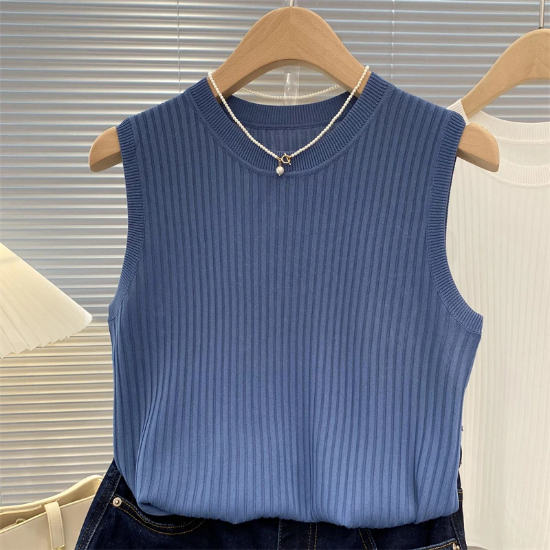 zjais Summer Spring Tanks Top Women Sleeveless Knitted T-Shirts Female Elastic Slim Casual Vests Crop Tops Camis Pullover Shirts