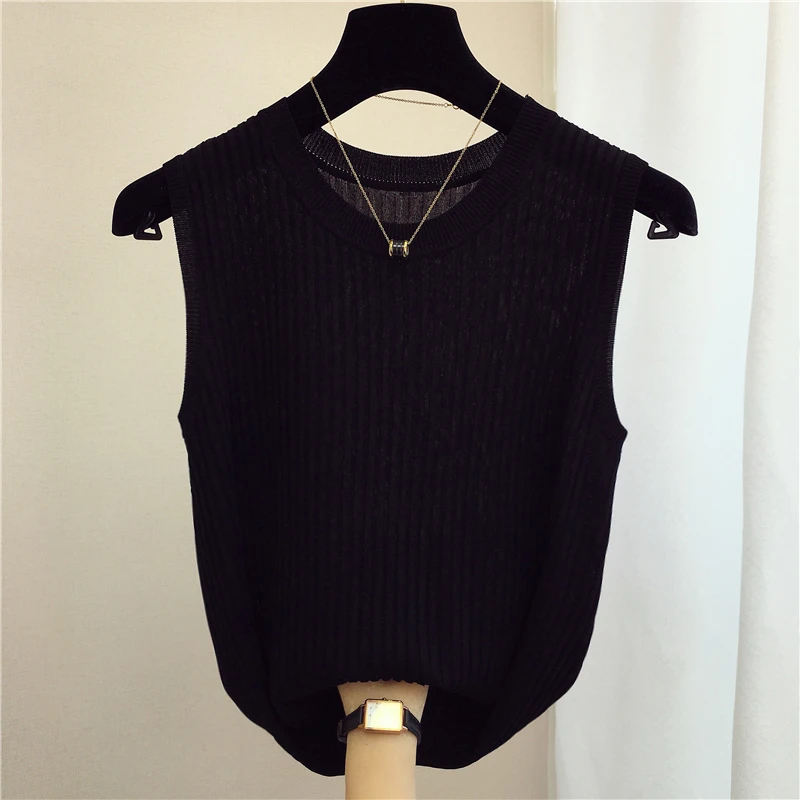 zjais Summer Spring Tanks Top Women Sleeveless Knitted T-Shirts Female Elastic Slim Casual Vests Crop Tops Camis Pullover Shirts
