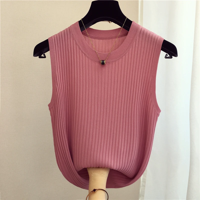 zjais Summer Spring Tanks Top Women Sleeveless Knitted T-Shirts Female Elastic Slim Casual Vests Crop Tops Camis Pullover Shirts