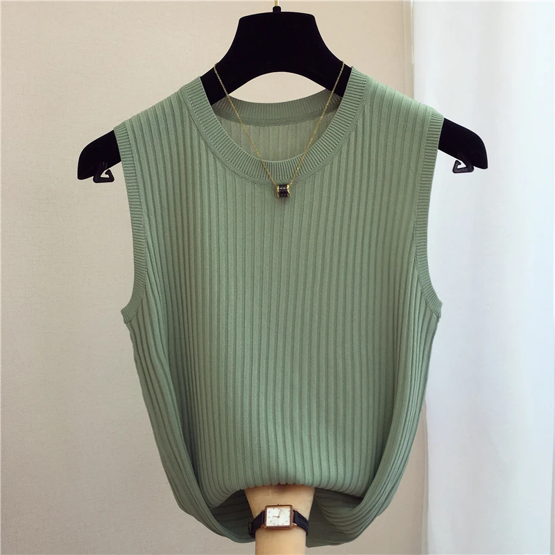 zjais Summer Spring Tanks Top Women Sleeveless Knitted T-Shirts Female Elastic Slim Casual Vests Crop Tops Camis Pullover Shirts