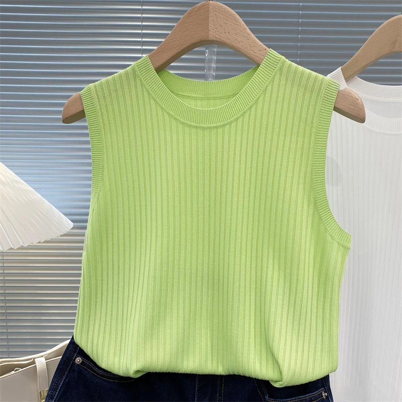 zjais Summer Spring Tanks Top Women Sleeveless Knitted T-Shirts Female Elastic Slim Casual Vests Crop Tops Camis Pullover Shirts