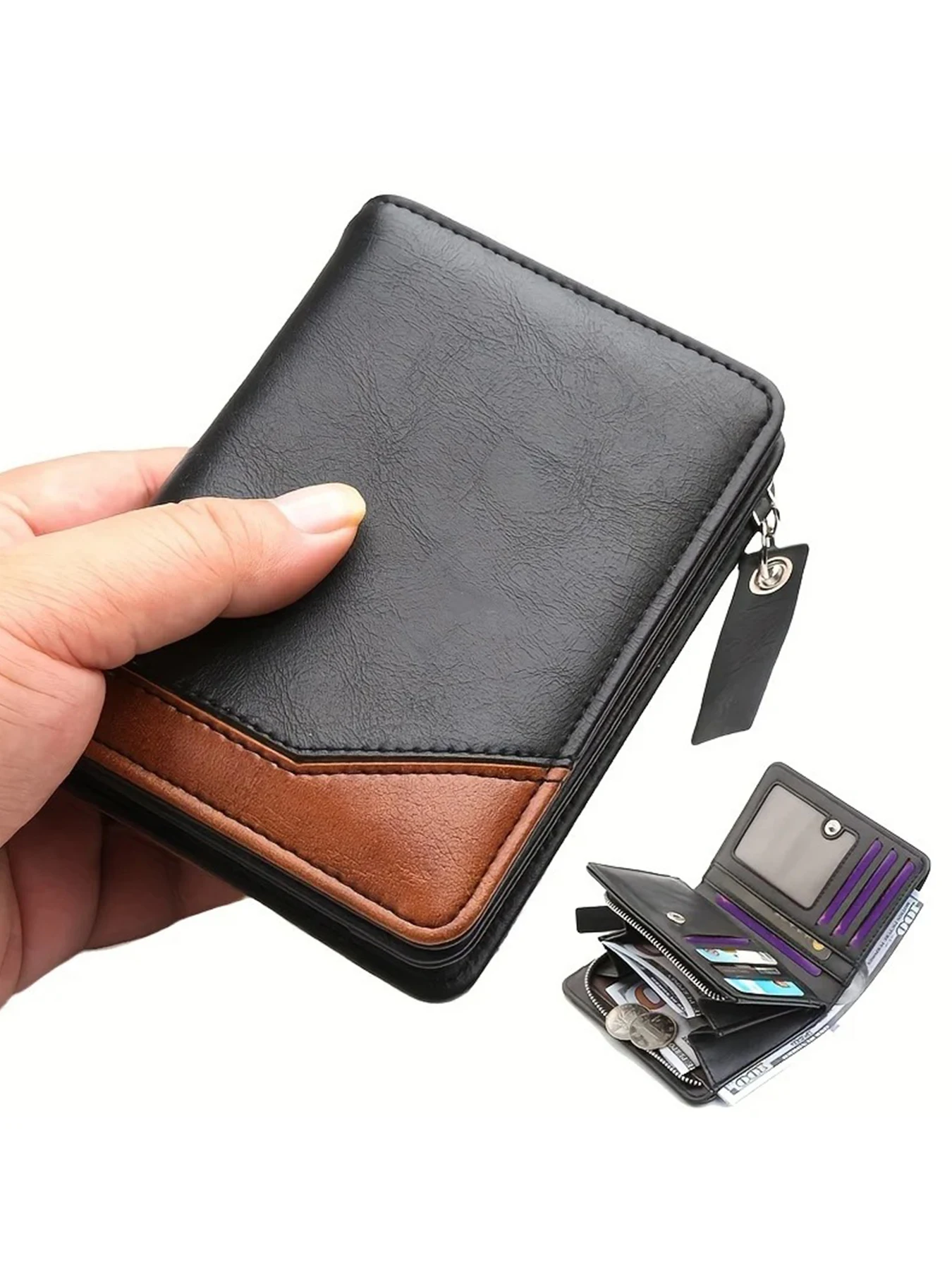 2024 New Men's PU Leather Short Wallet With Zipper Coin Pocket Vintage Big Capacity Male Short Money Purse Card Holder