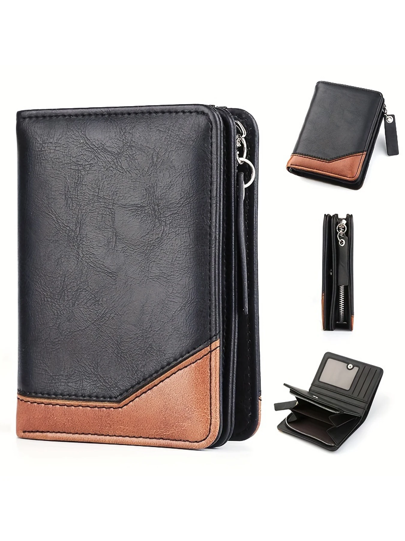 2024 New Men's PU Leather Short Wallet With Zipper Coin Pocket Vintage Big Capacity Male Short Money Purse Card Holder