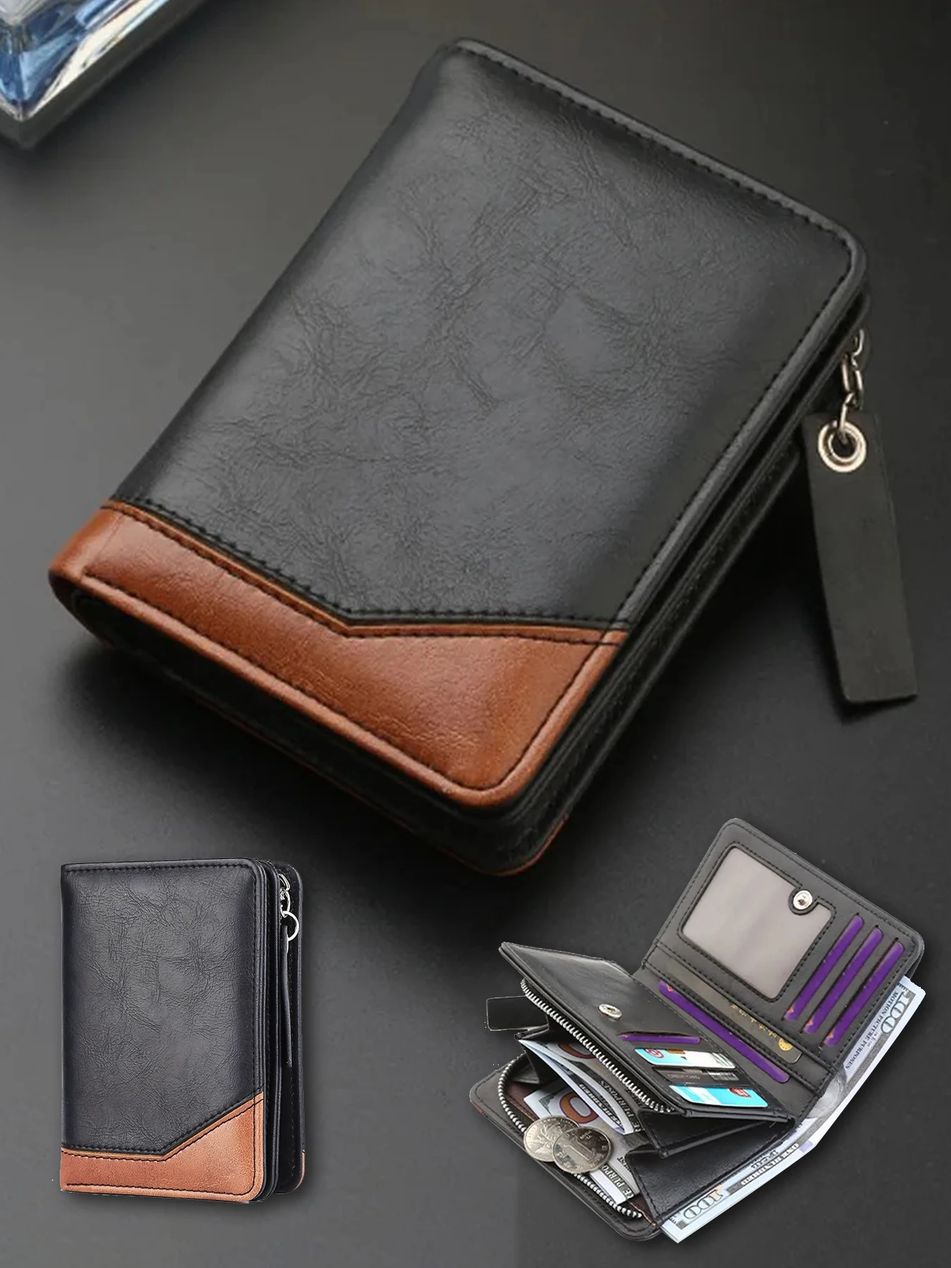 2024 New Men's PU Leather Short Wallet With Zipper Coin Pocket Vintage Big Capacity Male Short Money Purse Card Holder