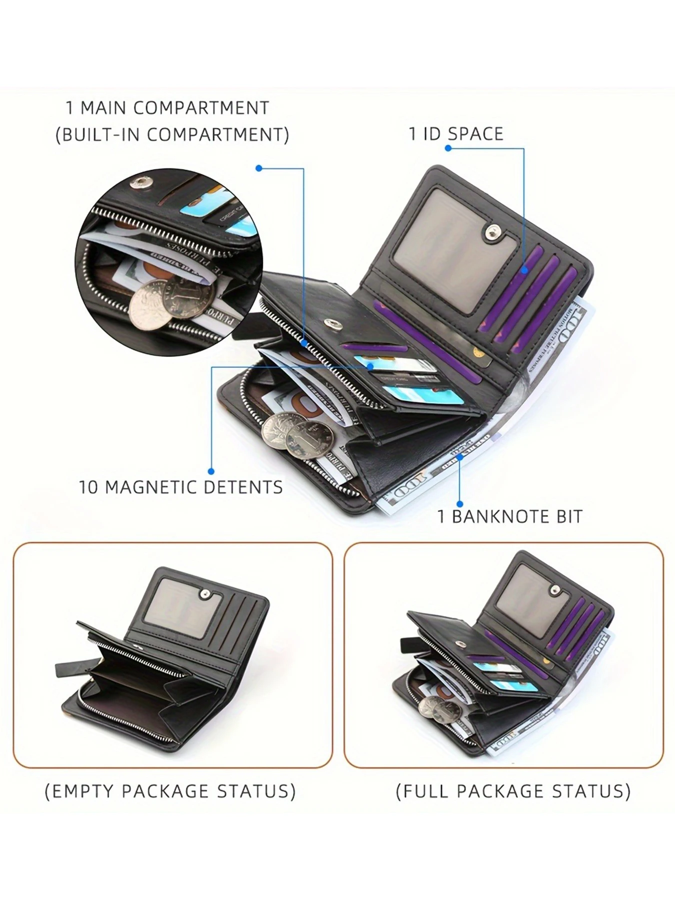 2024 New Men's PU Leather Short Wallet With Zipper Coin Pocket Vintage Big Capacity Male Short Money Purse Card Holder