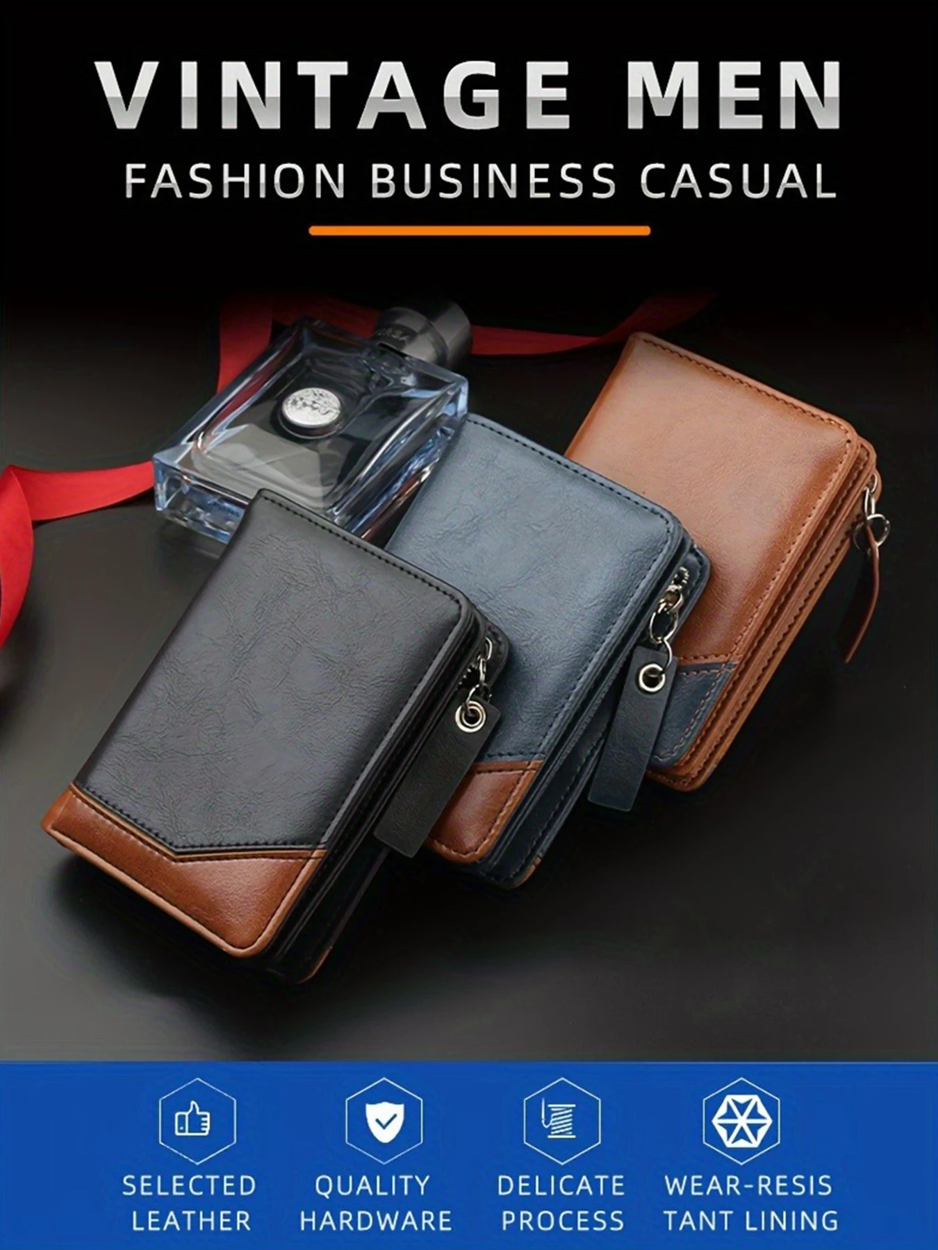 2024 New Men's PU Leather Short Wallet With Zipper Coin Pocket Vintage Big Capacity Male Short Money Purse Card Holder