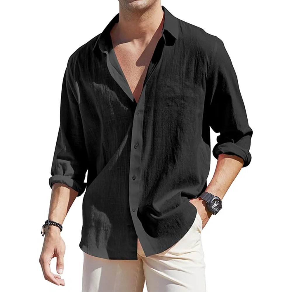 Men's Loose-Fit Long-Sleeve Cotton Linen Shirts for Men Business Casual Button Down Shirt Lightweight Breathable Vacation