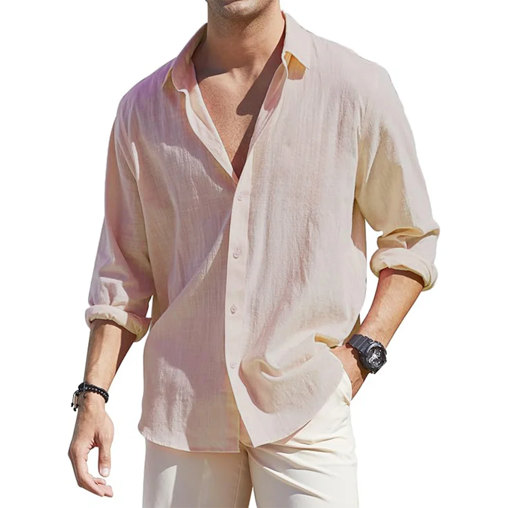 Men's Loose-Fit Long-Sleeve Cotton Linen Shirts for Men Business Casual Button Down Shirt Lightweight Breathable Vacation