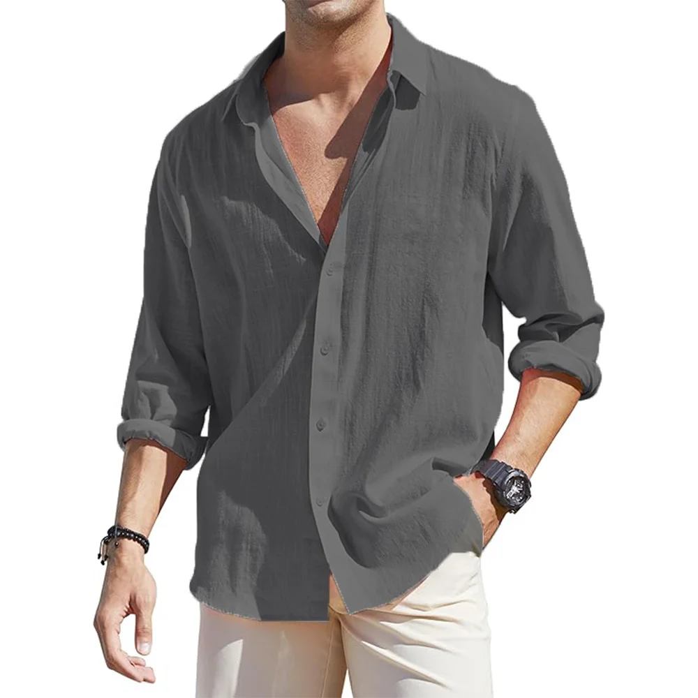 Men's Loose-Fit Long-Sleeve Cotton Linen Shirts for Men Business Casual Button Down Shirt Lightweight Breathable Vacation