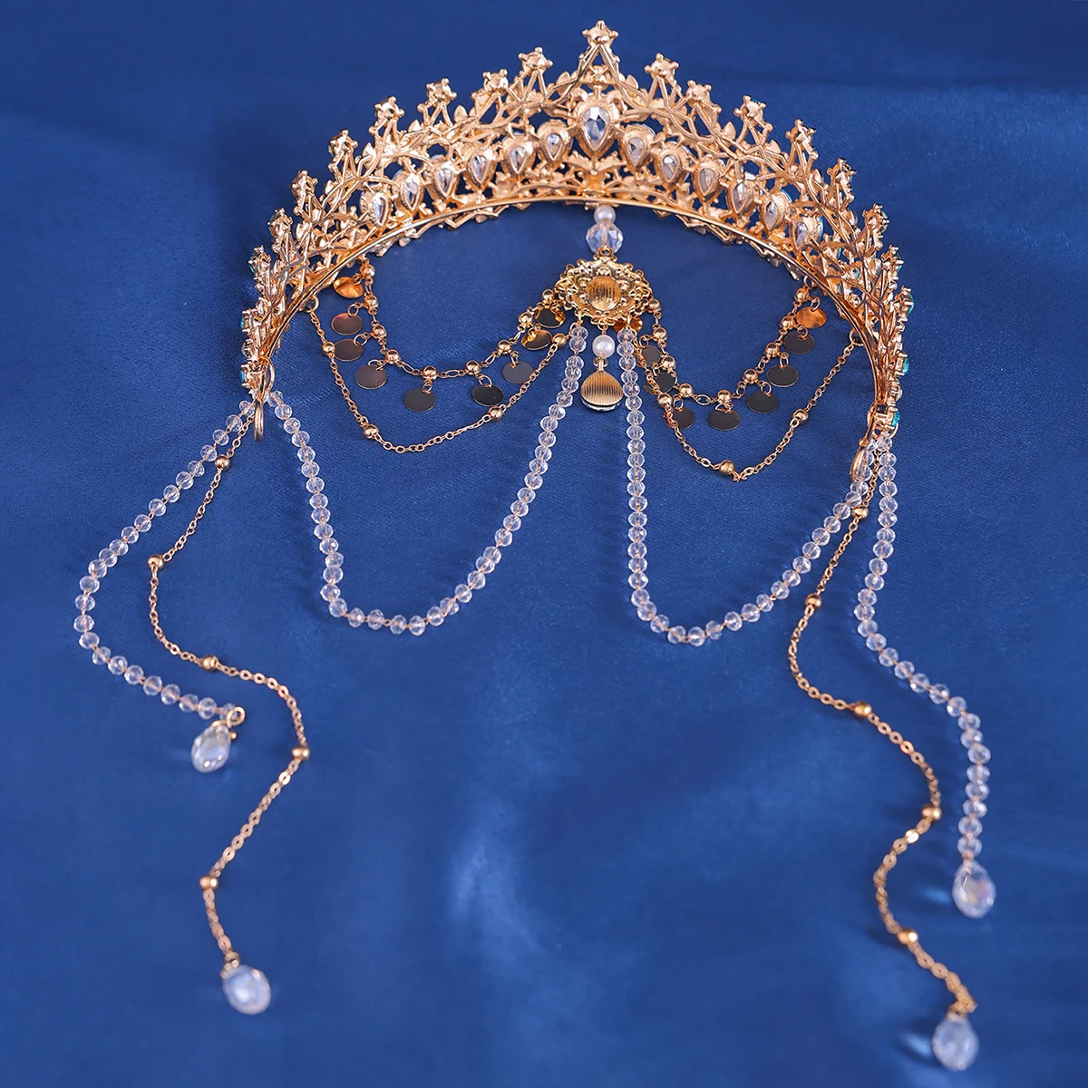 Baroque Vintage Crystal Rhinestone Tiaras Crowns Handmade Tassel Pearls Princess Queen Diadems Wedding Bridal Hair Accessories