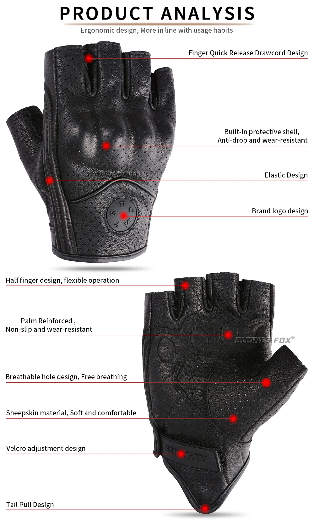 SUOMY Summer Motorcycle Fingerless Gloves Accessories Goatskin Leather Half Finger Gloves Man Women Motocross Gant Moto Guantes