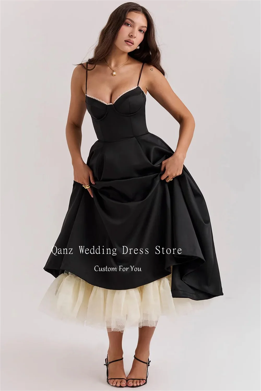 Qanz Fairy Blue Evening Dresses Spaghetti Straps A Line Tea Length Party Prom Gown Satin Backless Dresses 2024 Women Customized