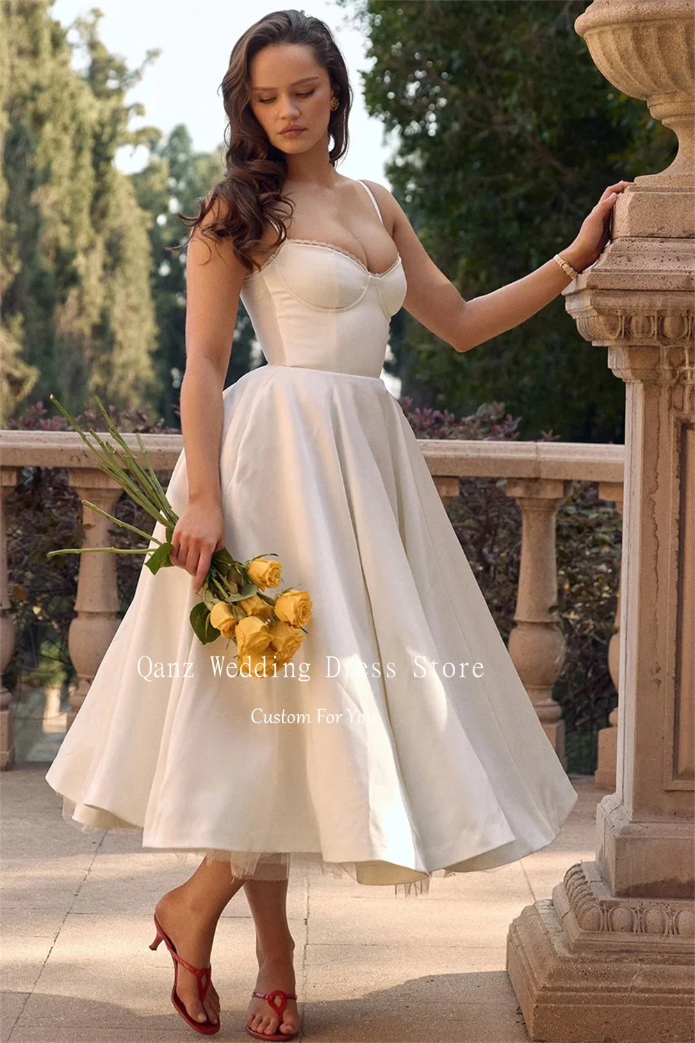 Qanz Fairy Blue Evening Dresses Spaghetti Straps A Line Tea Length Party Prom Gown Satin Backless Dresses 2024 Women Customized