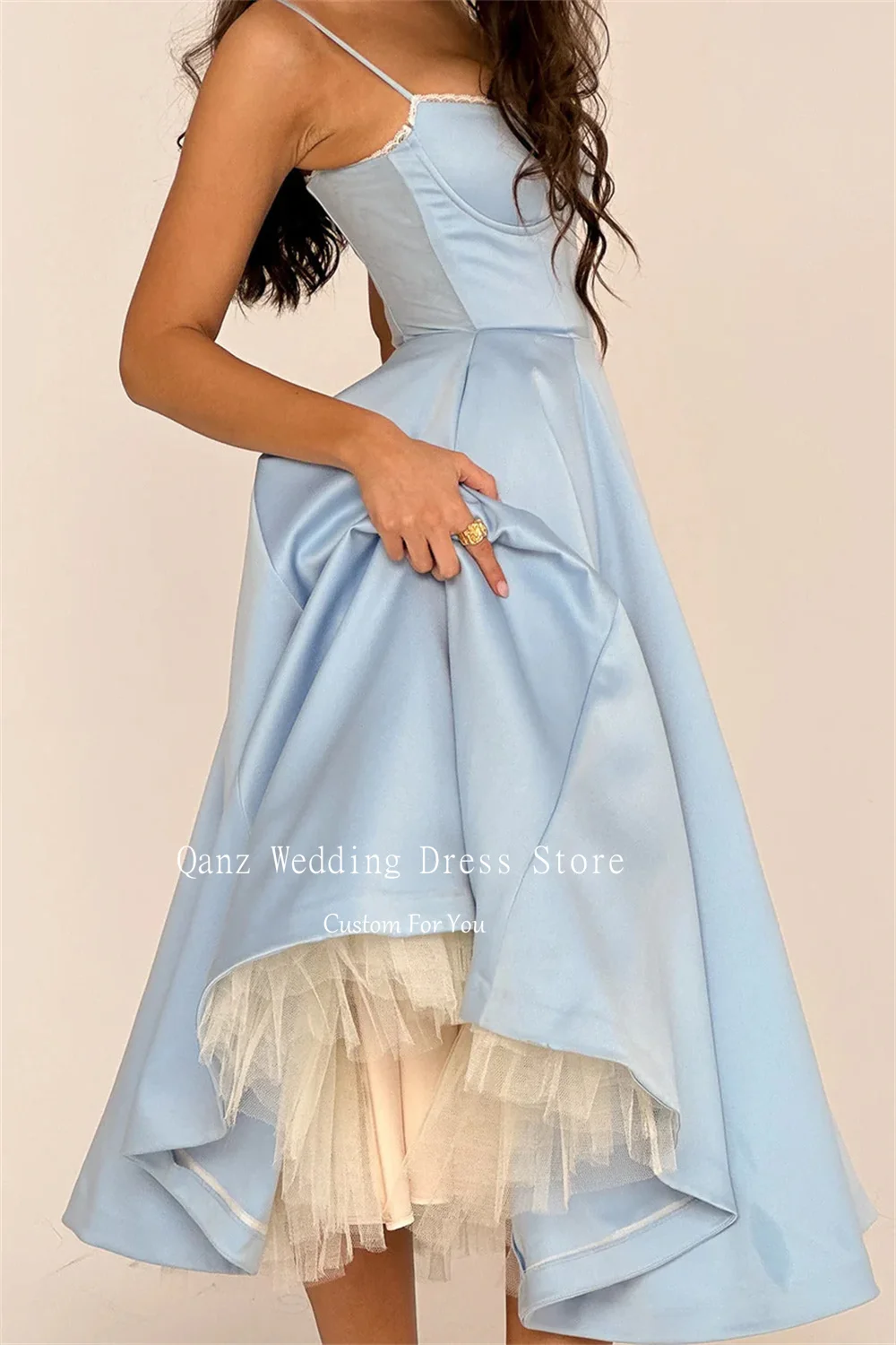 Qanz Fairy Blue Evening Dresses Spaghetti Straps A Line Tea Length Party Prom Gown Satin Backless Dresses 2024 Women Customized