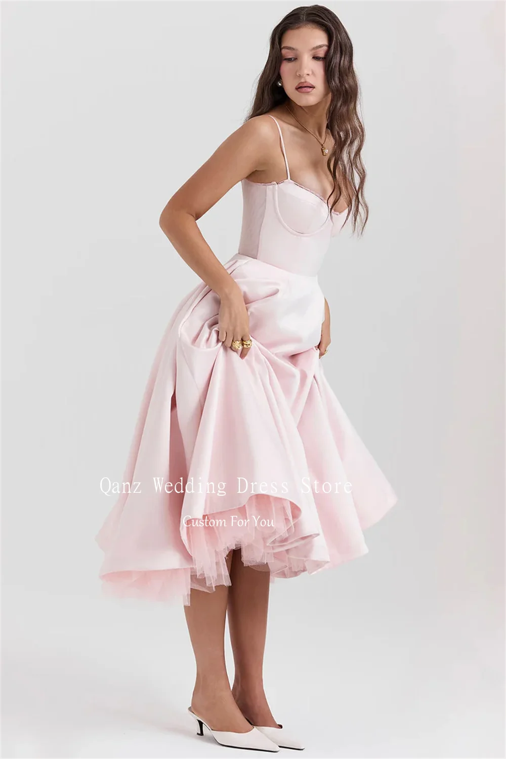 Qanz Fairy Blue Evening Dresses Spaghetti Straps A Line Tea Length Party Prom Gown Satin Backless Dresses 2024 Women Customized