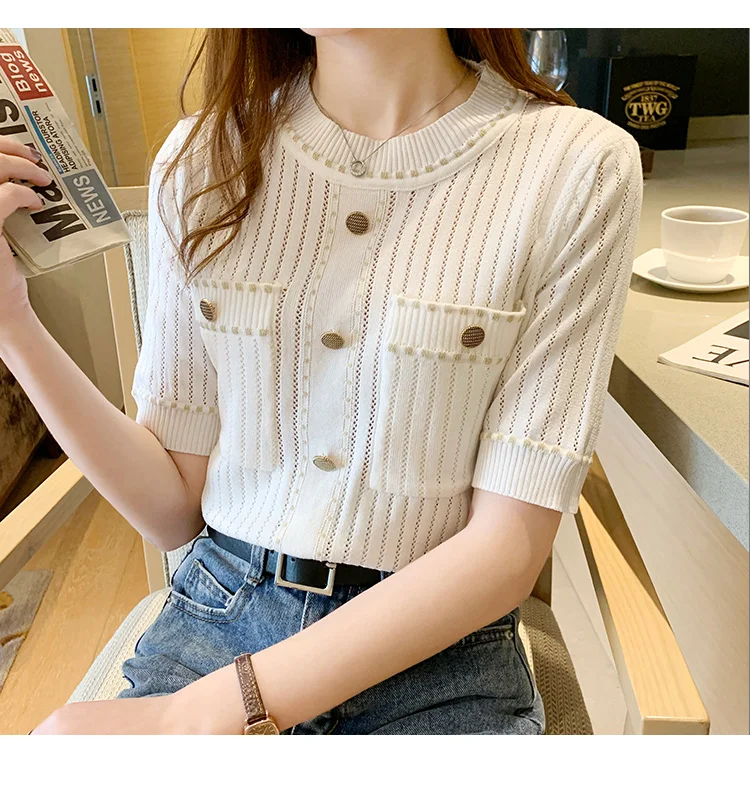 zjaiss White Tshirt Women Summer 2026 Short Sleeve Top Ladies Pockets Basic T Shirts Knitted Casual Clothes Tee Shirt Femme