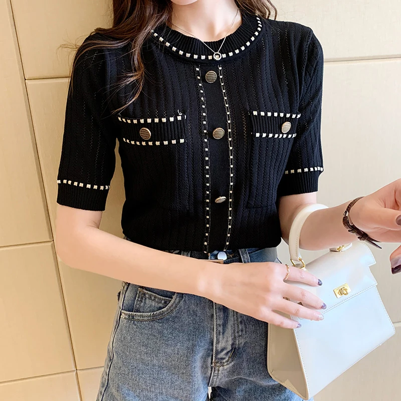 zjaiss White Tshirt Women Summer 2026 Short Sleeve Top Ladies Pockets Basic T Shirts Knitted Casual Clothes Tee Shirt Femme