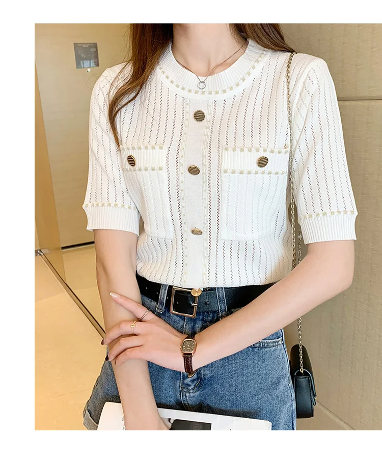 zjaiss White Tshirt Women Summer 2026 Short Sleeve Top Ladies Pockets Basic T Shirts Knitted Casual Clothes Tee Shirt Femme