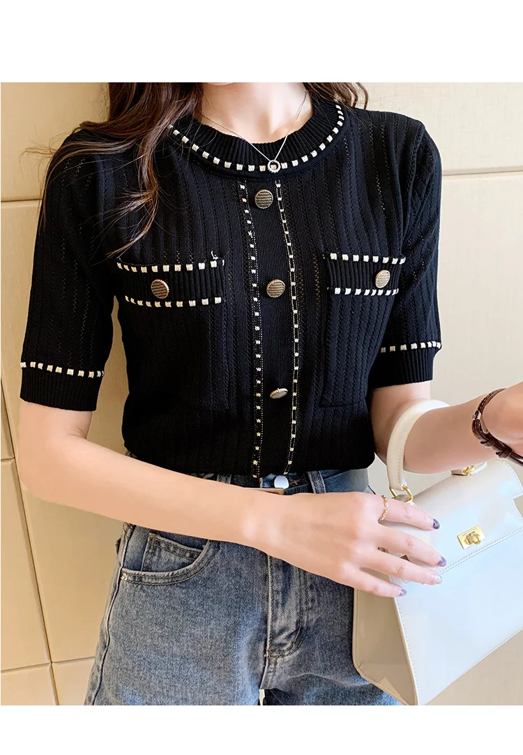 zjaiss White Tshirt Women Summer 2026 Short Sleeve Top Ladies Pockets Basic T Shirts Knitted Casual Clothes Tee Shirt Femme