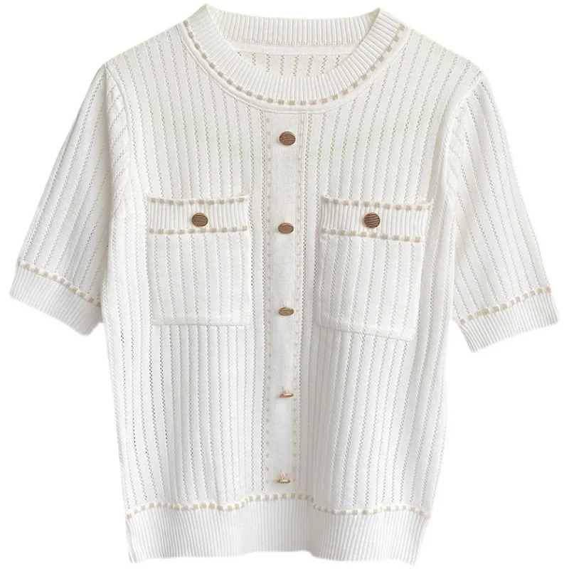 zjaiss White Tshirt Women Summer 2026 Short Sleeve Top Ladies Pockets Basic T Shirts Knitted Casual Clothes Tee Shirt Femme