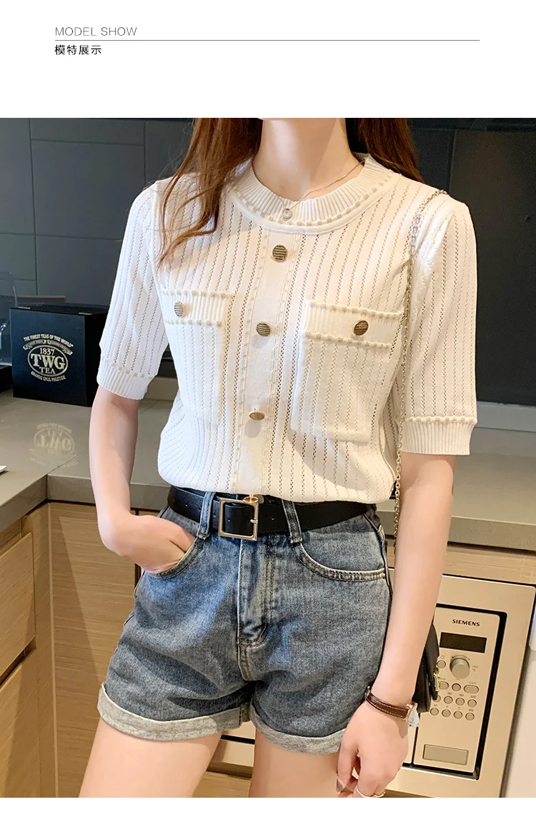 zjaiss White Tshirt Women Summer 2026 Short Sleeve Top Ladies Pockets Basic T Shirts Knitted Casual Clothes Tee Shirt Femme