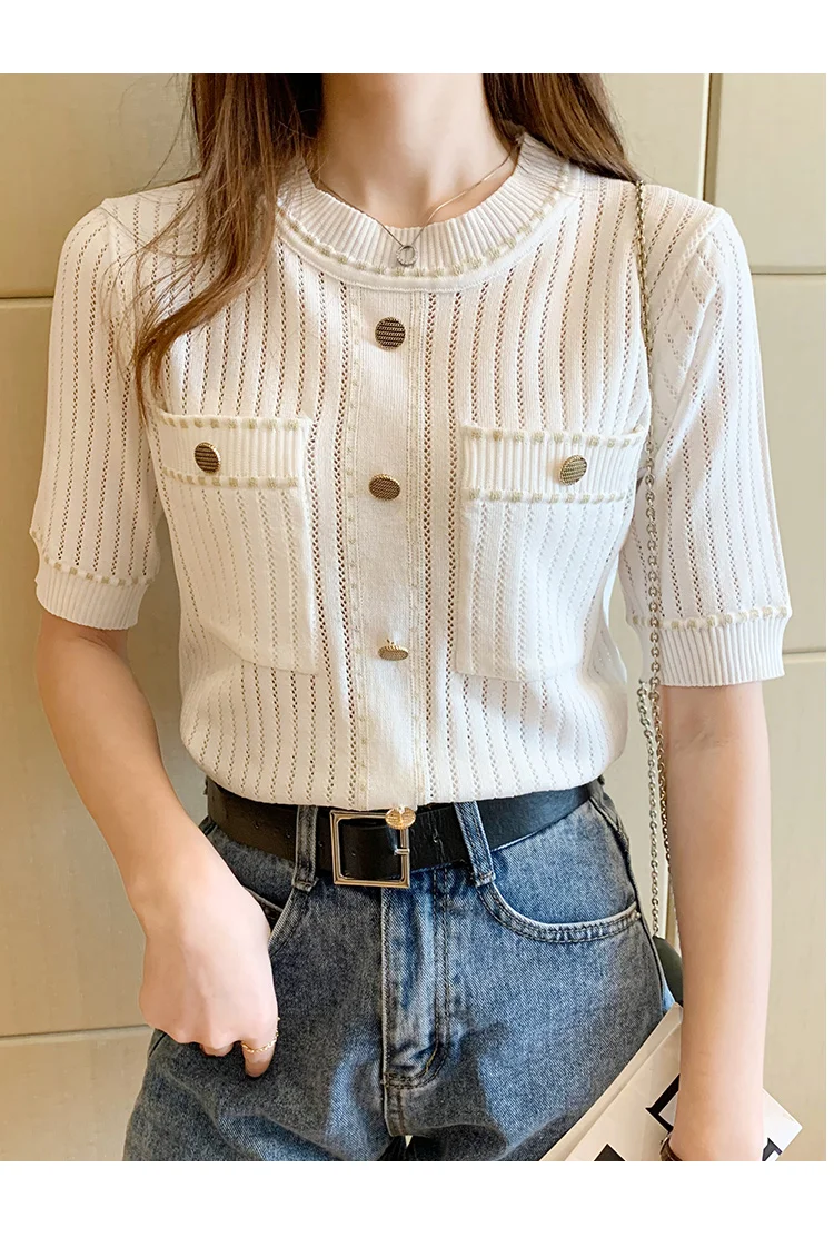 zjaiss White Tshirt Women Summer 2026 Short Sleeve Top Ladies Pockets Basic T Shirts Knitted Casual Clothes Tee Shirt Femme