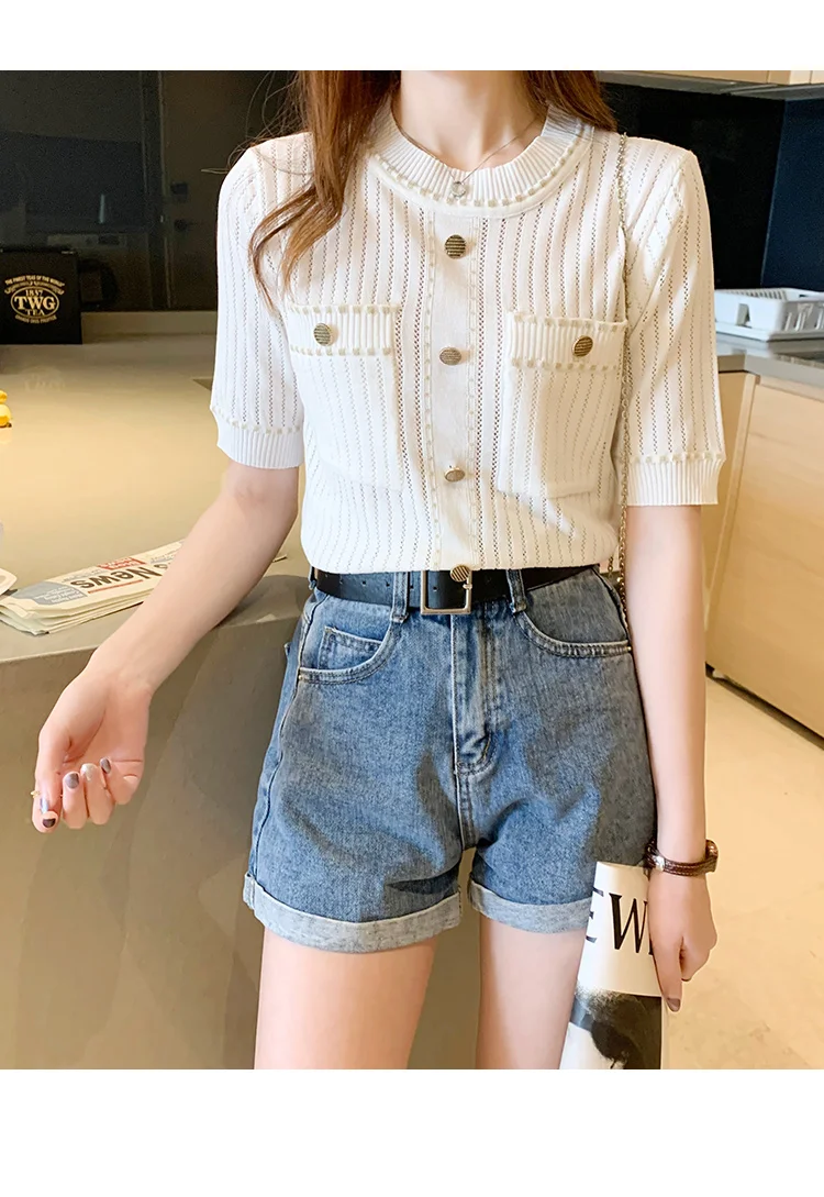 zjaiss White Tshirt Women Summer 2026 Short Sleeve Top Ladies Pockets Basic T Shirts Knitted Casual Clothes Tee Shirt Femme