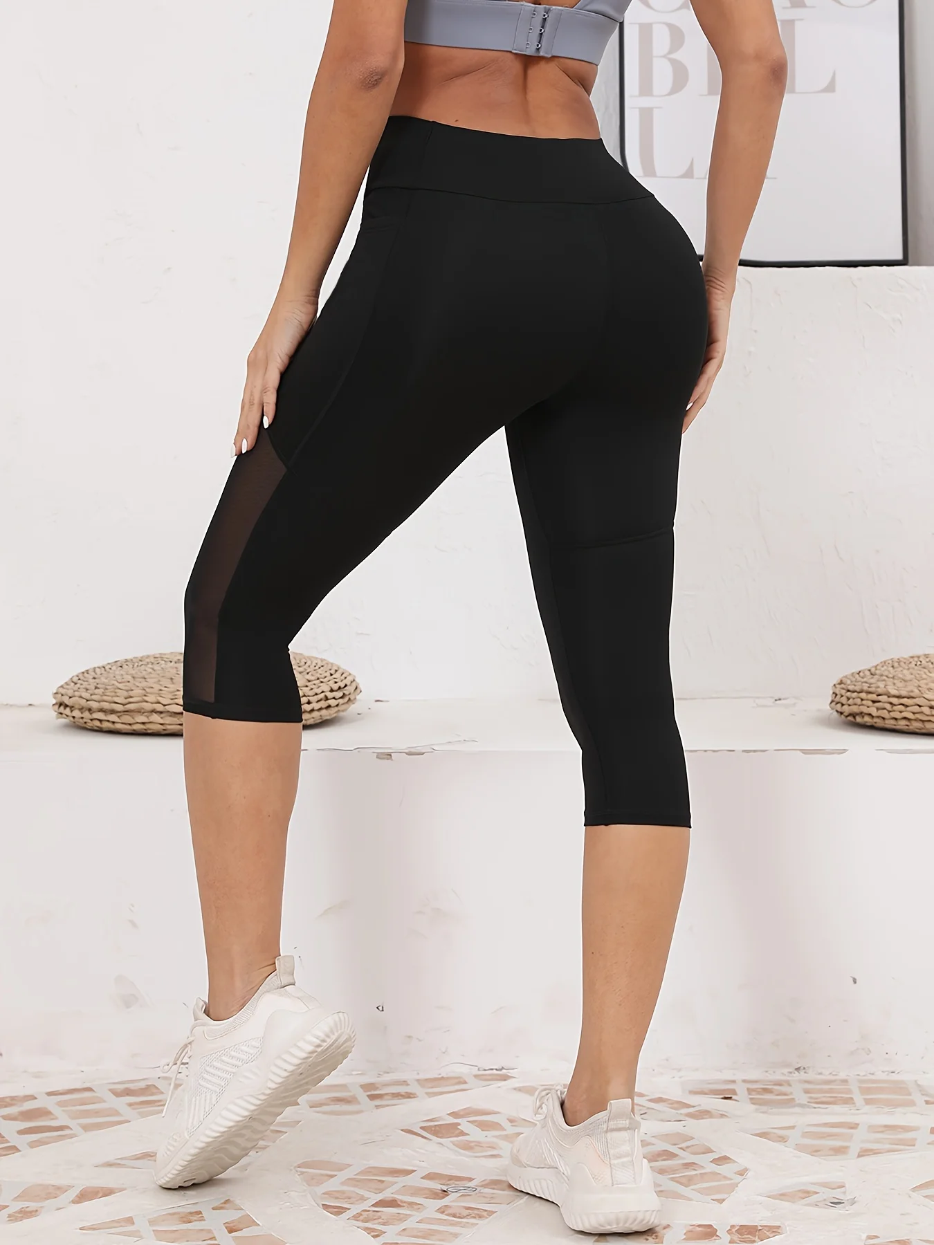 Women's Mesh Splicing With Pockets High Waist Yoga Pants Capri Tummy Tuck Exercise Leggings