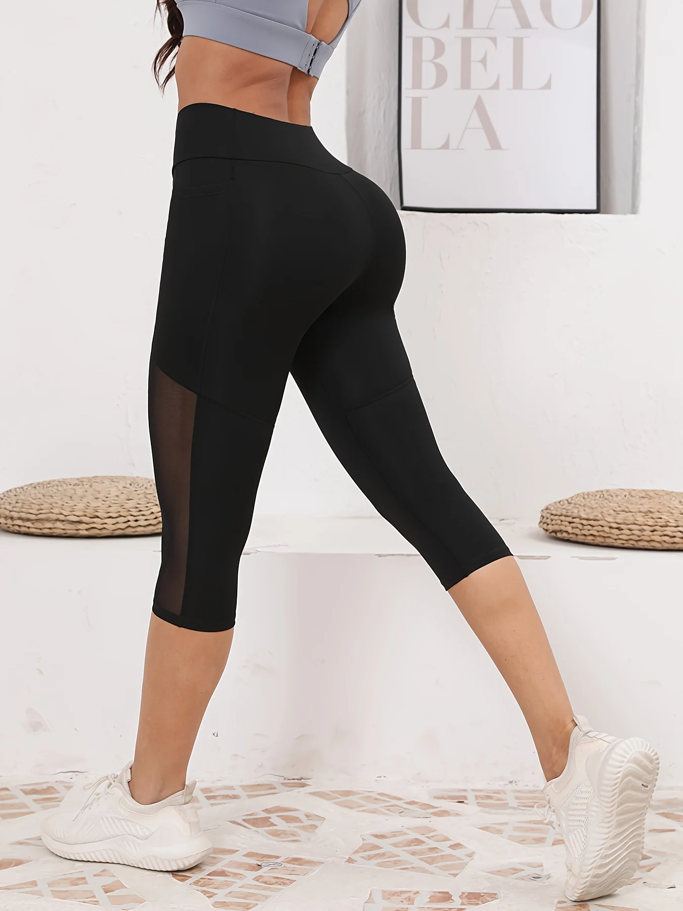 Women's Mesh Splicing With Pockets High Waist Yoga Pants Capri Tummy Tuck Exercise Leggings