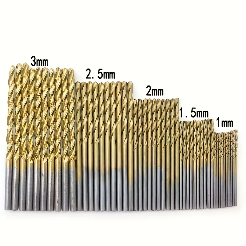 50Pcs Titanium Coated High Speed Steel Drill Bit Set Hex Shaft Straight Spiral Twist Bits for Metal Wood Plastic Drilling