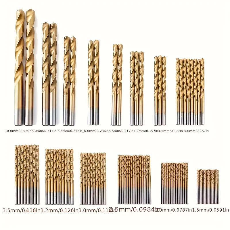 50Pcs Titanium Coated High Speed Steel Drill Bit Set Hex Shaft Straight Spiral Twist Bits for Metal Wood Plastic Drilling
