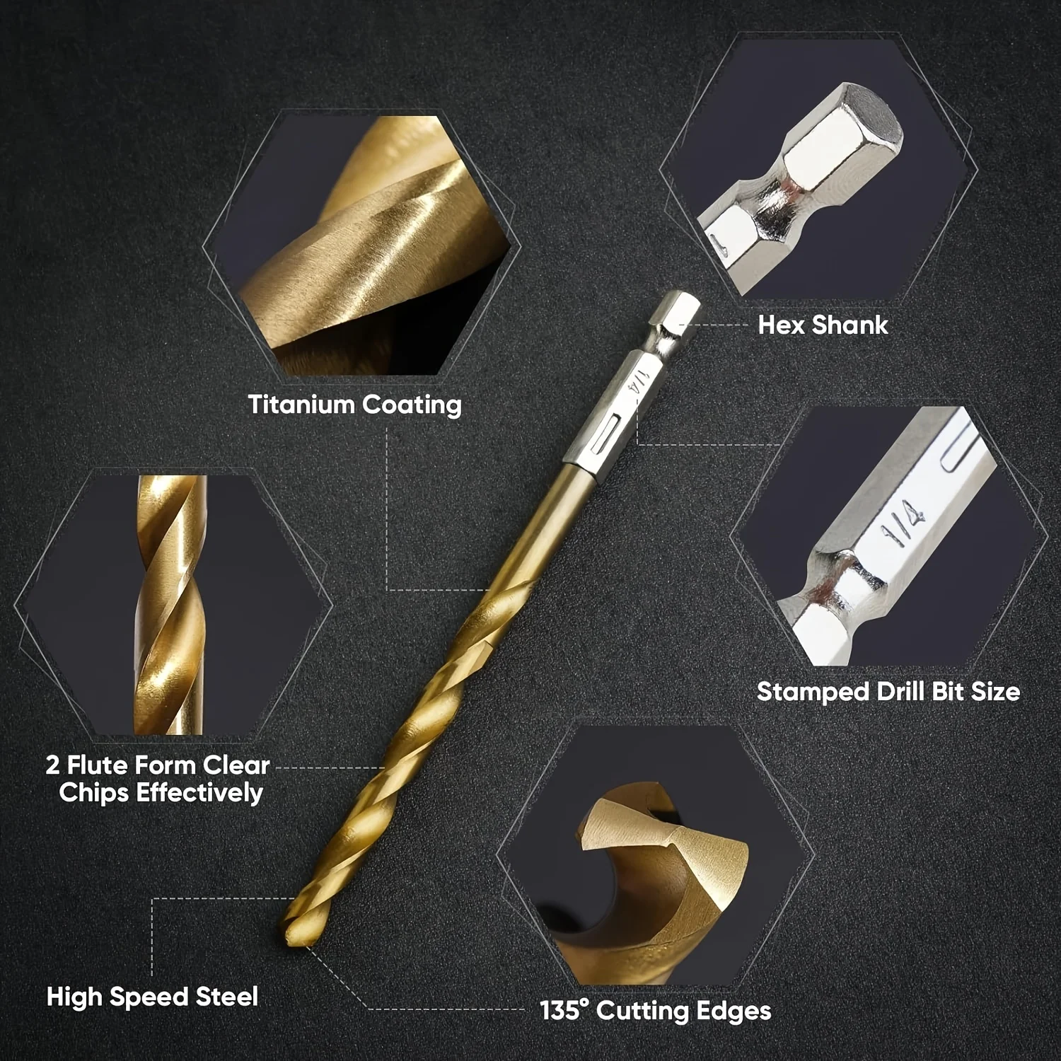 50Pcs Titanium Coated High Speed Steel Drill Bit Set Hex Shaft Straight Spiral Twist Bits for Metal Wood Plastic Drilling