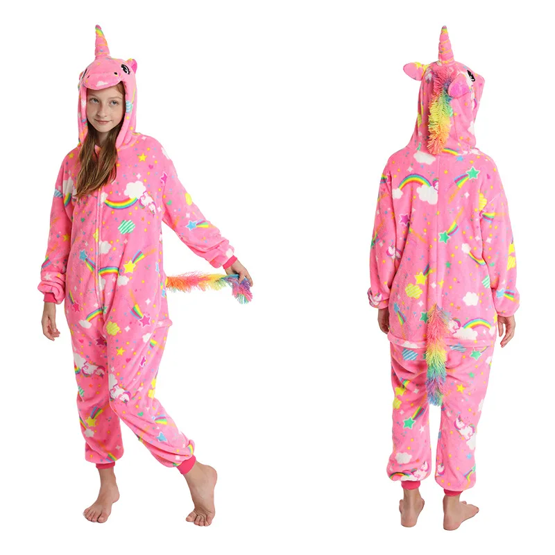 Kawaii Girls Pajamas Winter Purple Unicorn Onesie Hooded Plush Kigurumi Jumpsuit Blanket Sleeper Warm Overall Kids Nightwear Pjs
