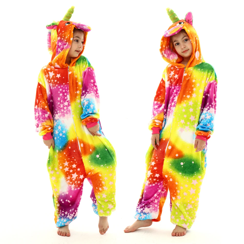 Kawaii Girls Pajamas Winter Purple Unicorn Onesie Hooded Plush Kigurumi Jumpsuit Blanket Sleeper Warm Overall Kids Nightwear Pjs