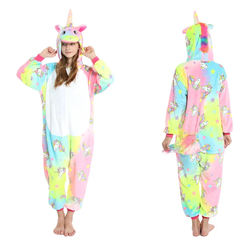 Kawaii Girls Pajamas Winter Purple Unicorn Onesie Hooded Plush Kigurumi Jumpsuit Blanket Sleeper Warm Overall Kids Nightwear Pjs