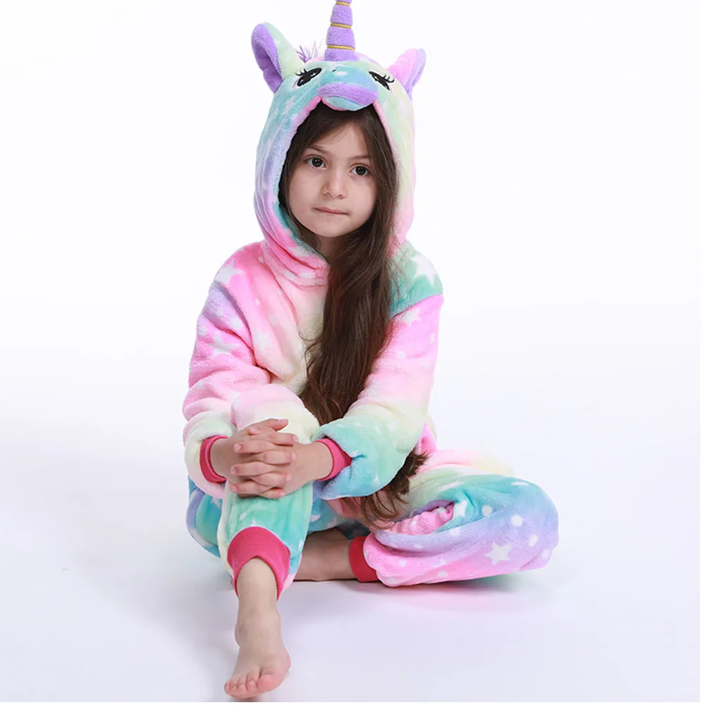 Kawaii Girls Pajamas Winter Purple Unicorn Onesie Hooded Plush Kigurumi Jumpsuit Blanket Sleeper Warm Overall Kids Nightwear Pjs
