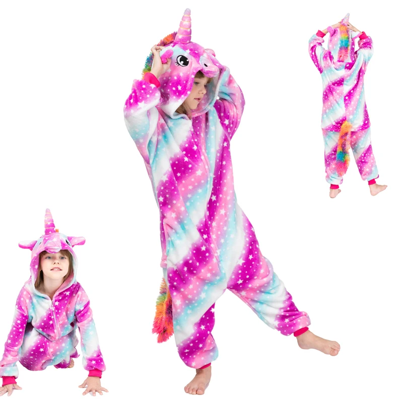 Kawaii Girls Pajamas Winter Purple Unicorn Onesie Hooded Plush Kigurumi Jumpsuit Blanket Sleeper Warm Overall Kids Nightwear Pjs