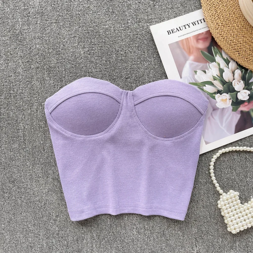 Strapless Western Style Skinny Tanks Camis for Women Summer Casual Solid Colours Female Corset Crop Tube Tops with Built In Bras