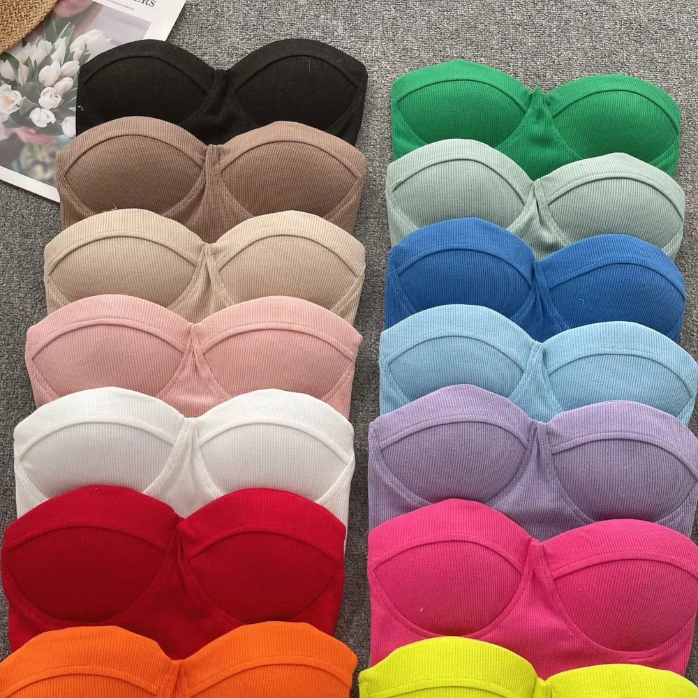 Strapless Western Style Skinny Tanks Camis for Women Summer Casual Solid Colours Female Corset Crop Tube Tops with Built In Bras