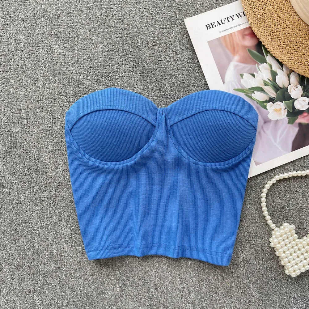 Strapless Western Style Skinny Tanks Camis for Women Summer Casual Solid Colours Female Corset Crop Tube Tops with Built In Bras