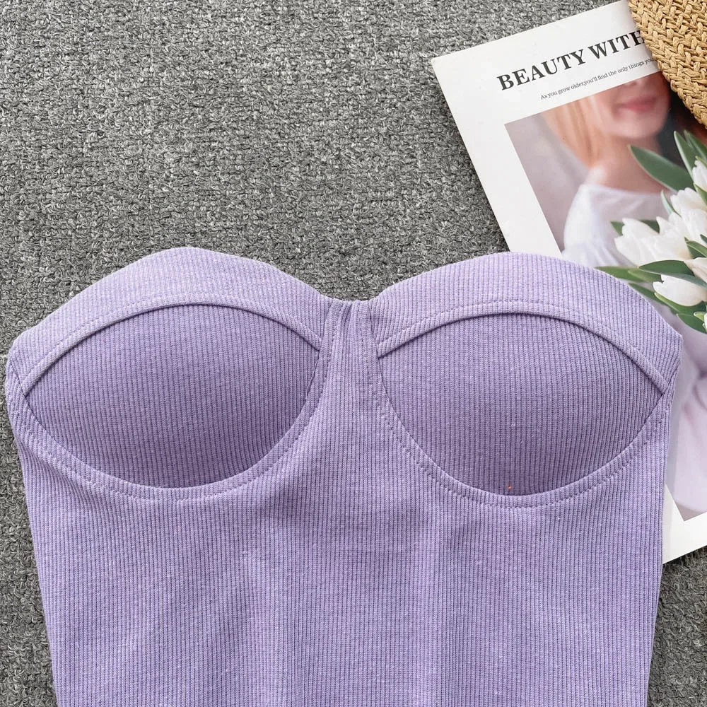 Strapless Western Style Skinny Tanks Camis for Women Summer Casual Solid Colours Female Corset Crop Tube Tops with Built In Bras