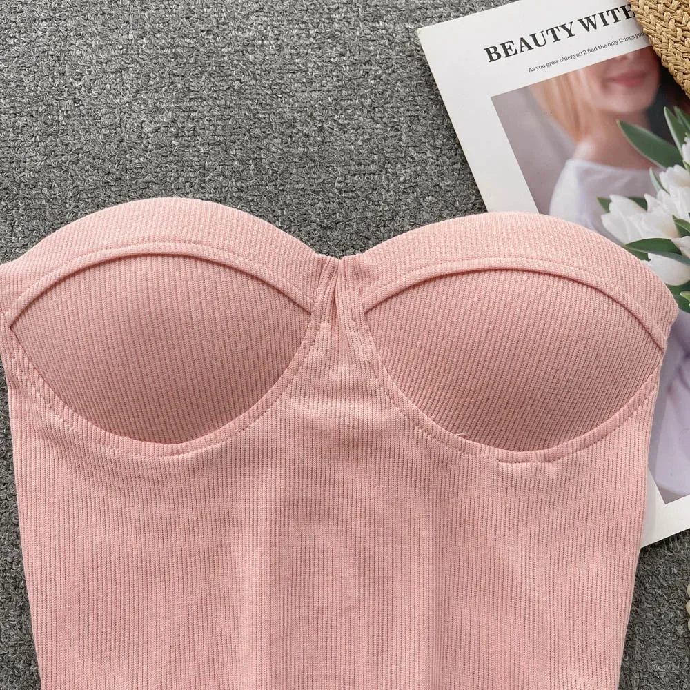 Strapless Western Style Skinny Tanks Camis for Women Summer Casual Solid Colours Female Corset Crop Tube Tops with Built In Bras