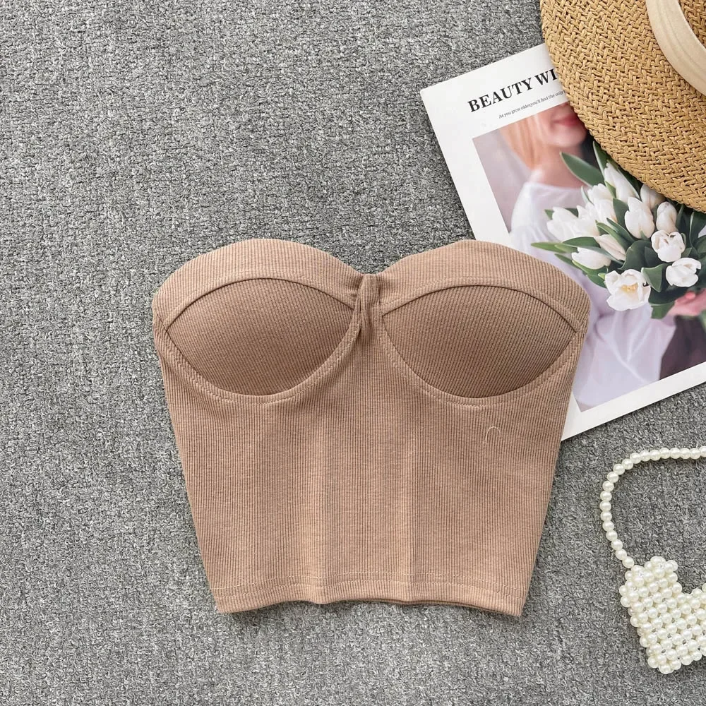 Strapless Western Style Skinny Tanks Camis for Women Summer Casual Solid Colours Female Corset Crop Tube Tops with Built In Bras