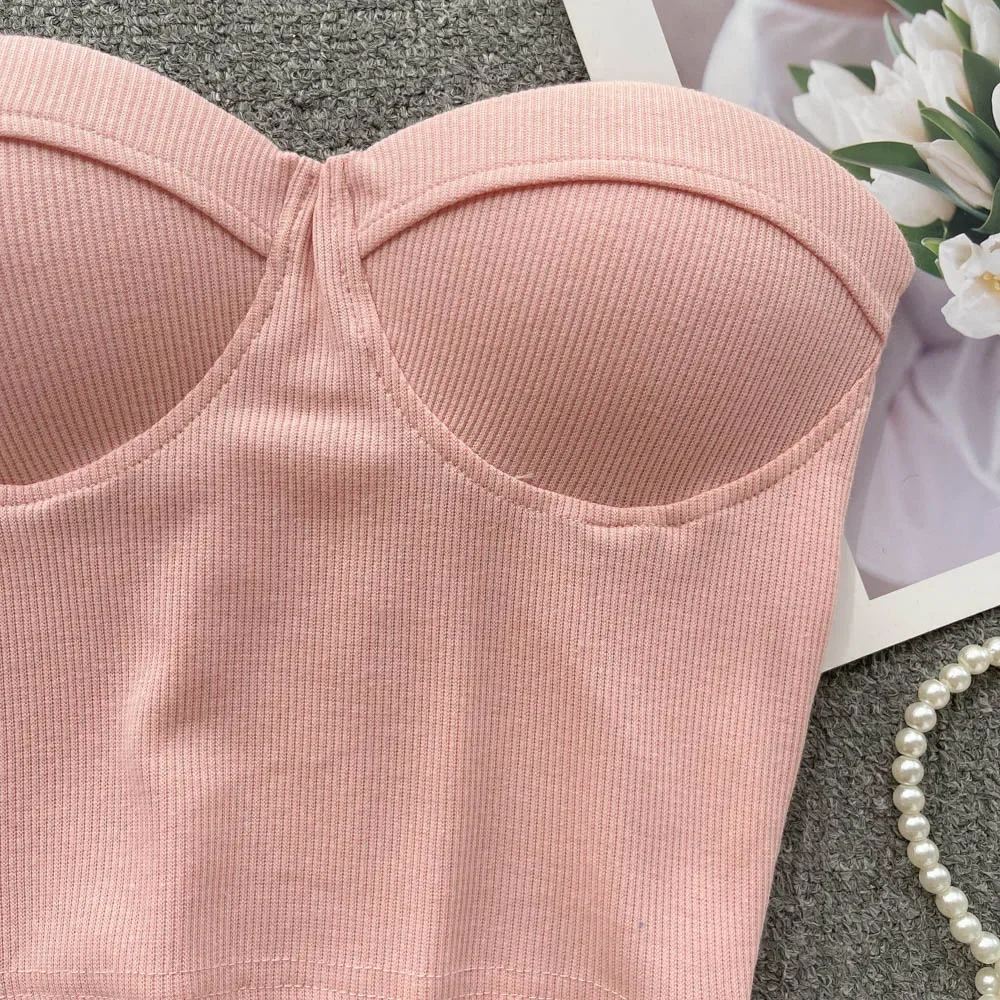 Strapless Western Style Skinny Tanks Camis for Women Summer Casual Solid Colours Female Corset Crop Tube Tops with Built In Bras